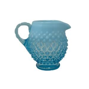Fenton Blue Opalescent Glass Hobnail Squat Pitcher 4 5/8” Tall Cottagecore